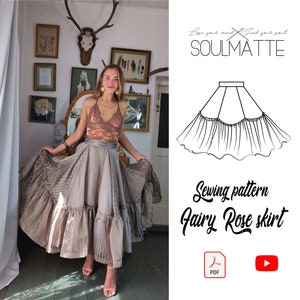 PDF sewing skirt pattern with video tutorial, gore evening skirt pattern for beginners. Ruffle skirt, bellow the knee skirt, maxi skirt