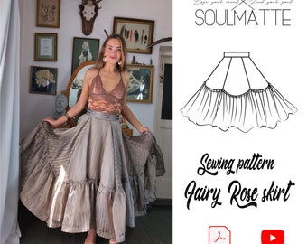 PDF sewing skirt pattern with video tutorial, gore evening skirt pattern for beginners. Ruffle skirt, bellow the knee skirt, maxi skirt