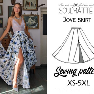 May include: A woman in a white and blue floral print skirt with a high slit, and a light purple lace top. The image also shows a sewing pattern for the "DOVE SKIRT" by SOULMATTE, available in sizes XS-5XL.