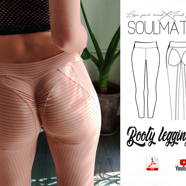 Leggings pattern with video tutorial, Scrunch Butt Yoga pants. High waist sports Workout, Leggings DIY pattern. seamless pants, yoga pants