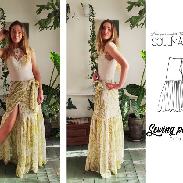 Wrap  tie up long skirt pattern with bowl, Long skirt with split, evening skirt pattern, ruffle skirt, Beach skirt pattern, easy skirt video