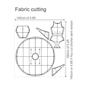 Może przedstawiać: Biały diagram do krojenia tkanin, przedstawiający r&oacute;żne wzory odzieży. Diagram zawiera wymiary 140 cm i 160 cm. Tekst na obrazku brzmi "Fabric cutting".