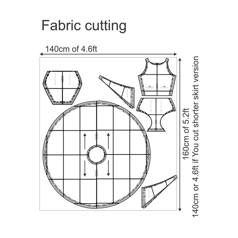 Może przedstawiać: Biały diagram do krojenia tkanin, przedstawiający r&oacute;żne wzory odzieży. Diagram zawiera wymiary 140 cm i 160 cm. Tekst na obrazku brzmi "Fabric cutting".