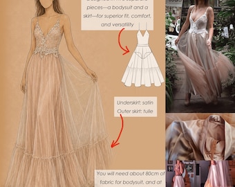 Classic style dress. Sizes 34-42. Ruffle tulle dress pattern, low neckline with staps