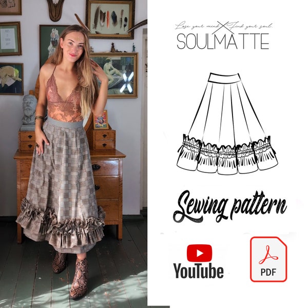 Digital skirt pattern, gore skirt with ruffles on the bottom sewing pattern, video tutorial lessons, midi length skirt sewing lessons