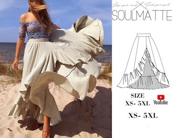 Ruffle Split Evening Skirt Sewing Pattern: Wide Gore, XS-5XL (PDF Pattern)