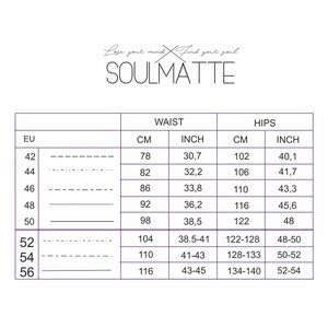 May include: A size chart for women's clothing with measurements in inches and centimeters. The chart shows the corresponding waist and hip measurements for European sizes 42 to 56.