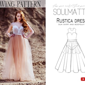 Dress sewing pattern, classic dress pattern, Long dress pattern, Evening dress sewing tutorial. PDF, skirt and bodysuit sewing, V neckline