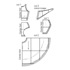 Może przedstawiać: Czarno-biały diagram element&oacute;w wykroju. Diagram zawiera instrukcje dotyczące cięcia i składania materiału, z etykietami takimi jak "cięcie 1" i "środkowe złożenie". Wz&oacute;r wydaje się być przeznaczony na odzież.