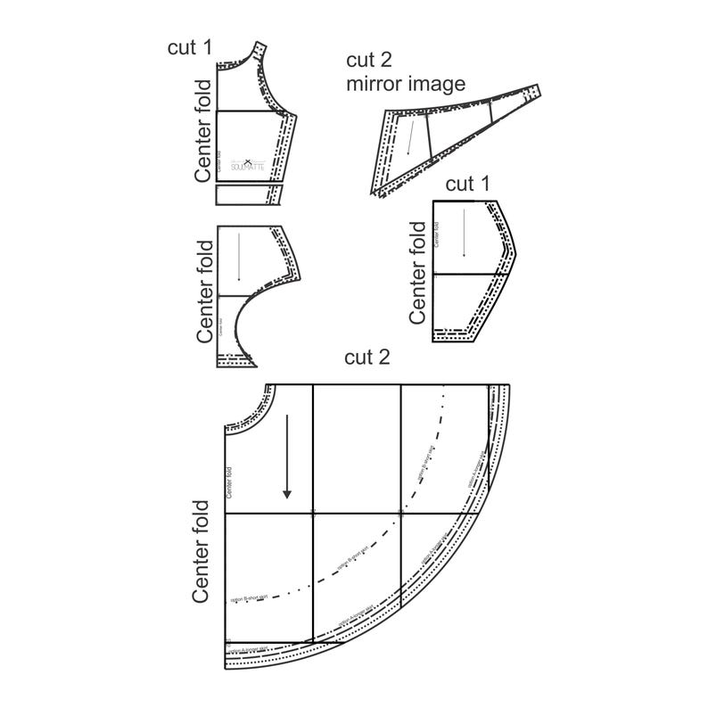 Może przedstawiać: Czarno-biały diagram element&oacute;w wykroju. Diagram zawiera instrukcje dotyczące cięcia i składania materiału, z etykietami takimi jak "cięcie 1" i "środkowe złożenie". Wz&oacute;r wydaje się być przeznaczony na odzież.