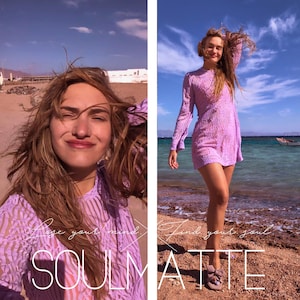 May include: Two women wearing purple dresses with the text "Lose your mind, find your soul, Soulmate" on the beach.