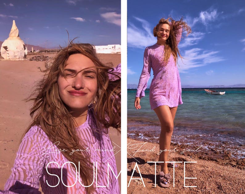 May include: Two women wearing purple dresses with the text "Lose your mind, find your soul, Soulmate" on the beach.