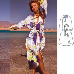 Long Kimono robe pattern. Digital sewing pattern. Easy robe patern. Women kimono sewing pattern, DIY bathrobe Beginner sewing pattern XS-5XL
