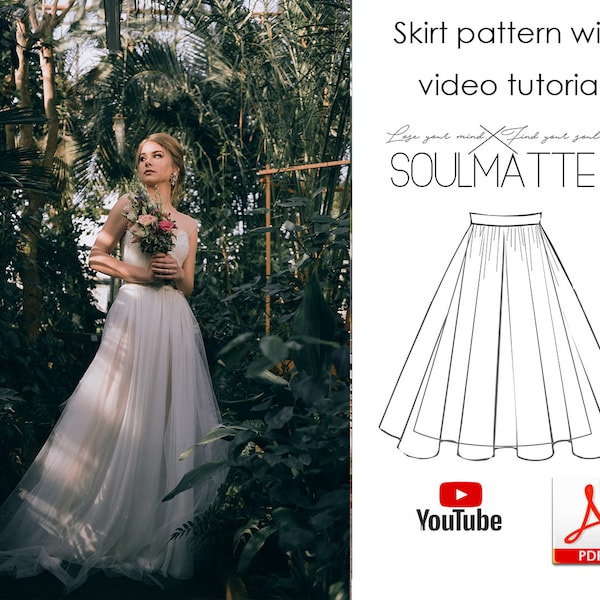 Patron de couture jupe de mariée. Turorial de jupe solaire basique avec motif imprimable pour les tailles XS-5XL. Modèle de robe classique en ligne A.