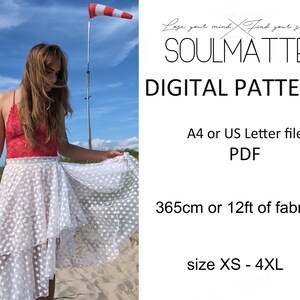 K&ouml;nnte beinhalten: Ein digitales Schnittmuster f&uuml;r einen wei&szlig;en T&uuml;llrock mit roten Punkten und einem roten Oberteil. Das Schnittmuster ist in den Gr&ouml;&szlig;en XS bis 4XL erh&auml;ltlich und ben&ouml;tigt 3,65 Meter Stoff. Das Schnittmuster ist als PDF-Datei im Format A4 oder US Letter verf&uuml;gbar.