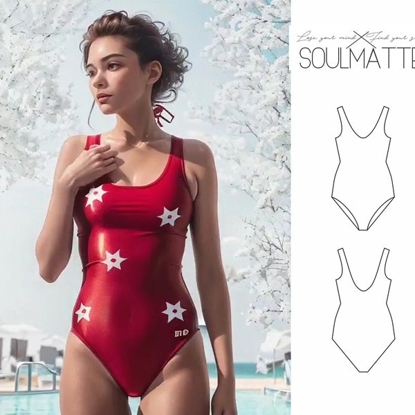 Basic swimsuit pattern, one piece swimwear, basic bikini, Baywatch swimsuit S-L, EU sizes 34-42. Low back cut design, modest bottom cut