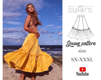 How to sew Skirt PDF Sewing Pattern, Ruffle Maxi Skirt, midi length  (Video Tutorial)