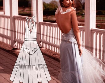 Tiered Skirt Evening Gown Sewing Pattern, Open Back Bodysuit (PDF Pattern)