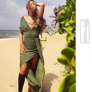 Long fitted pencil skirt with drapes on tummy. Sewing pattern for elastic fabrics. Digital skirt pattern. Long split on side. drapery skirt