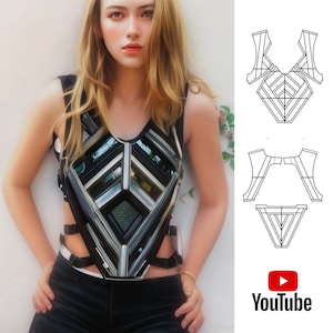 Cosplay vest - futuristic - warrior style top, festival top, dancer costume. Printable sewing pattern with video. Leather sewing pattern.