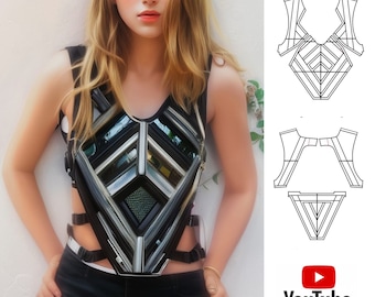 Cosplay vest - futuristic - warrior style top, festival top, dancer costume. Printable sewing pattern with video. Leather sewing pattern.