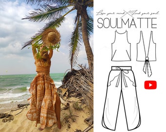 Beach pants pattern,-PANTS + BLOUSE with open back pdf instant download, Easy sew diy patern. PDF leggings pattern. Long pants