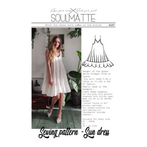 May include: A white, short sun dress with ruffles at the bottom, as seen in a sewing pattern. The dress has spaghetti straps and is approximately 38 inches long. The pattern includes instructions and is suitable for chest sizes 34-42 inches.