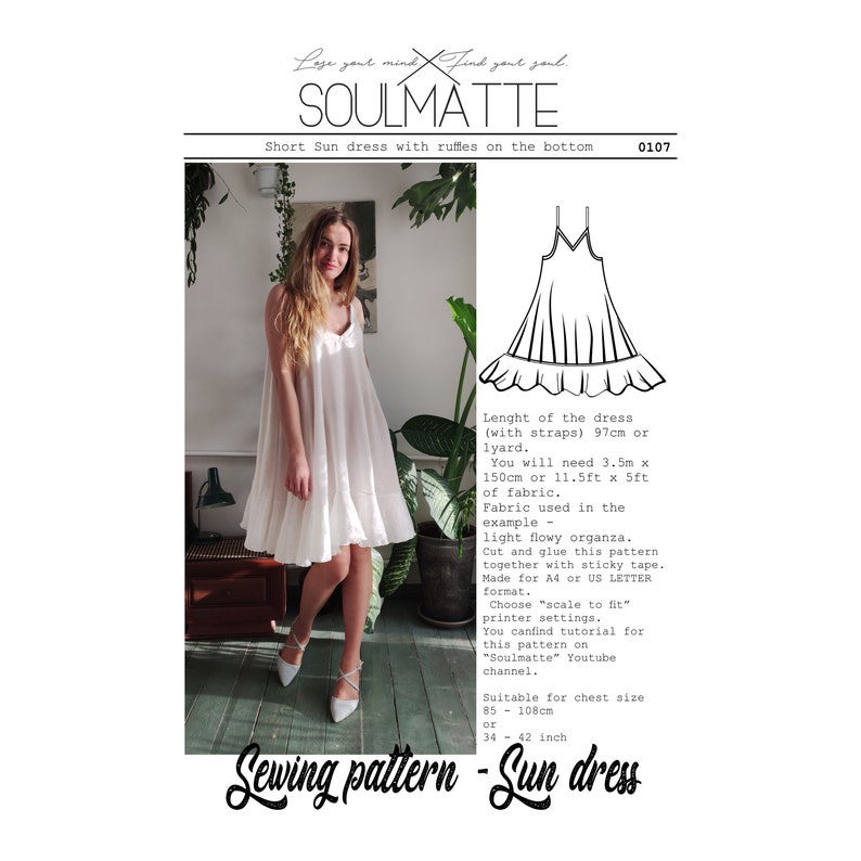 May include: A white, short sun dress with ruffles at the bottom, as seen in a sewing pattern. The dress has spaghetti straps and is approximately 38 inches long. The pattern includes instructions and is suitable for chest sizes 34-42 inches.