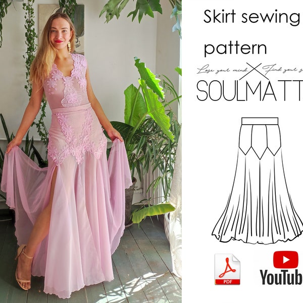 Art deco style skirt pattern. Wide evening skirt pattern for beginners, long evening skirt pattern. Skirt with split, video tutorial lesson.