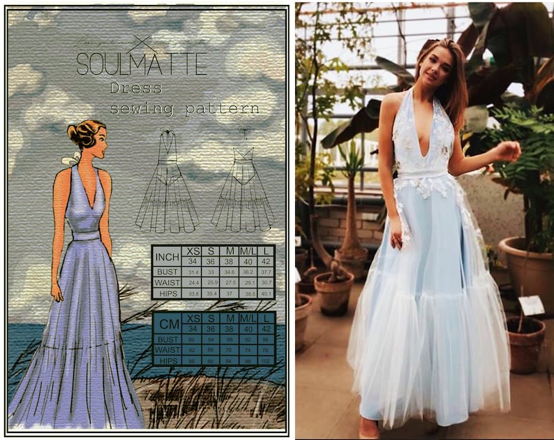 May include: A sewing pattern for a floor-length halter dress with a deep V-neckline, featuring a technical sketch, a size chart in inches, and an illustration of the finished garment in light blue tulle with white floral lace embellishments.