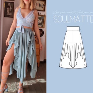 May include: A light blue crop top with floral lace trim and a matching tie, paired with a flowing, asymmetrical skirt. The skirt features a high slit and layered ruffles. The text "SOULMATTE" is visible.