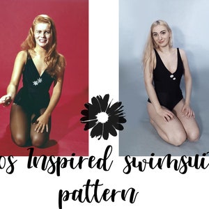 Pode incluir: Duas mulheres vestindo maiôs pretos. A mulher à esquerda está ajoelhada em um fundo vermelho. A mulher à direita está ajoelhada em um fundo azul claro. O texto "60s Inspired Swimsuit Pattern" está na parte inferior da imagem.