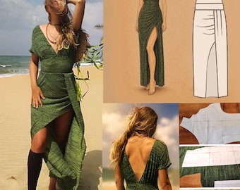Long fitted dress pattern for stretch fabrics, featuring a deep neckline, a long split, and a bodycon fit