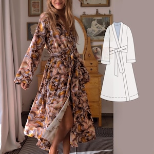 Patrón de costura de bata: Bata de baño DIY para mujer con mangas anchas, Kimono (Patrón PDF)