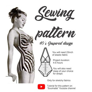 May include: A black and white striped swimsuit sewing pattern inspired by 1940s fashion. The pattern includes instructions for a halter-style swimsuit with a clasp closure. The pattern is for stretchy fabrics and requires 23 inches of elastic fabric. The project takes 4-5 hours to complete. A tutorial for the pattern is available on the "Soulmatte" YouTube channel.