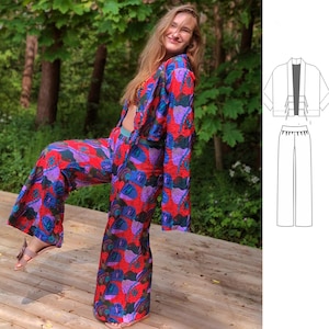 Women’s pajama set PDF sewing pattern – long lounge pants & relaxed-fit top. Perfect for sleepwear or comfy everyday wear