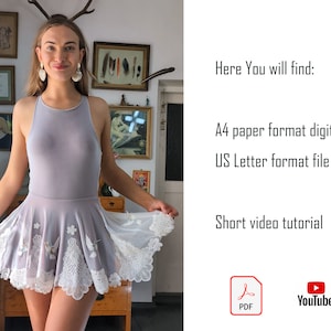 Może przedstawiać: Jasnofioletowy trykot i zestaw sp&oacute;dniczki z białym koronkowym wykończeniem i haftem z ptakami. Obraz zawiera tekst "Here You will find: A4 paper format digital file, US Letter format file, Short video tutorial."