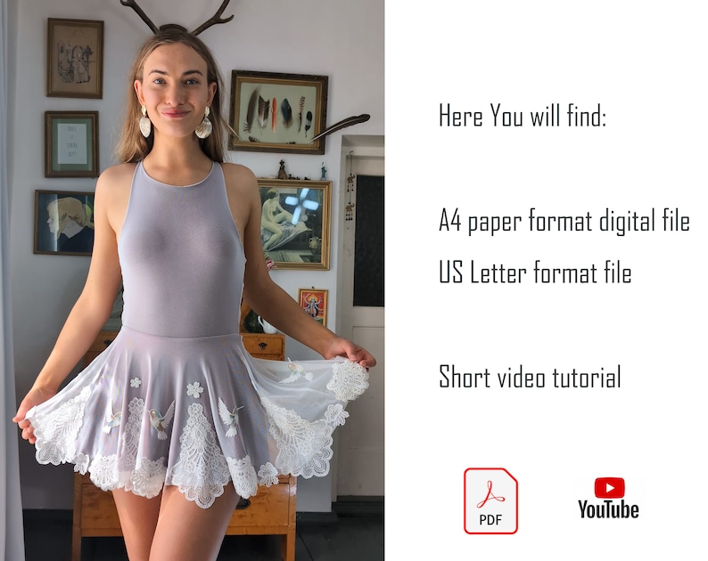 Może przedstawiać: Jasnofioletowy trykot i zestaw sp&oacute;dniczki z białym koronkowym wykończeniem i haftem z ptakami. Obraz zawiera tekst "Here You will find: A4 paper format digital file, US Letter format file, Short video tutorial."