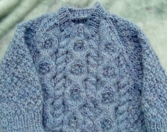 LKK baby sweater, unsex, aran, cable, 0-3 monthswool acrylic, original design, blue blended 8 ply