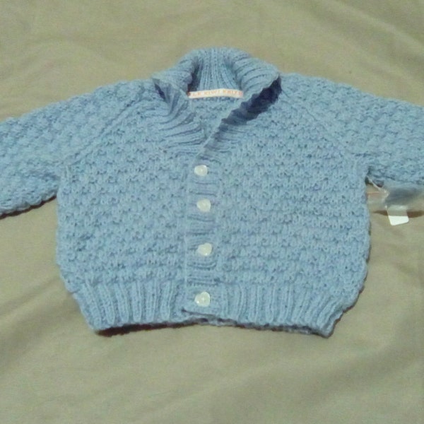 Little Kiwi Hand knitted Baby boys 100% Merino Wool 4 ply  cardigan with shawl collar 3- 6 months