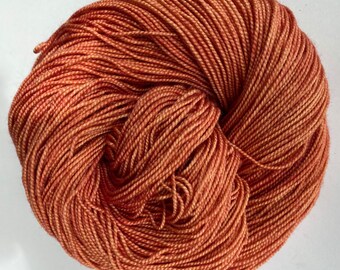 Hand dyed yarn luxury sock weight Superwash Merino Wool, Silk "Copper" High Twist, orange, burnt orange, rust 100g