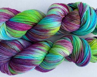 Hand Dyed Yarn 100g Superwash Merino Wool, Nylon sock weight “Tropicana”, variegated, rainbow