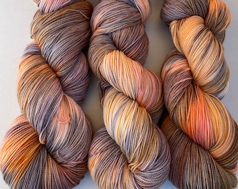 Hand Dyed Yarn 100g Superwash Merino Wool, Nylon sock weight, "Sundown", grey, orange, pink