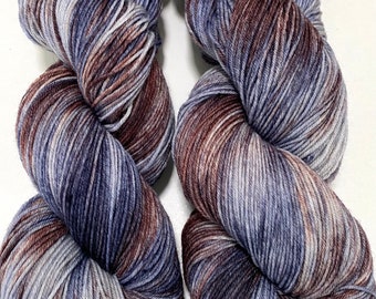 Hand Dyed Yarn 100g Superwash Merino Wool, Nylon sock weight "Woodsmoke" grey, grey-blue,brown