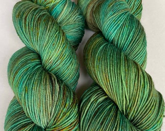 Hand Dyed Yarn 100g Superwash Merino Wool, Nylon sock weight "Low Tide", speckled turquoise, teal, blue, brown, green