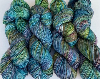 Hand dyed yarn luxury sock weight Superwash Merino Wool, Silk "Mallard" High Twist, teal, green, turquoise, red, purple, yellow 100g