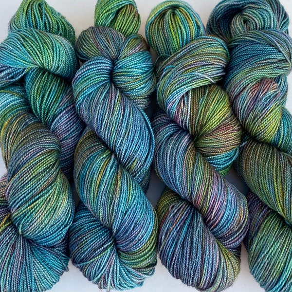 Hand dyed yarn luxury sock weight Superwash Merino Wool, Silk "Mallard" High Twist, teal, green, turquoise, red, purple, yellow 100g