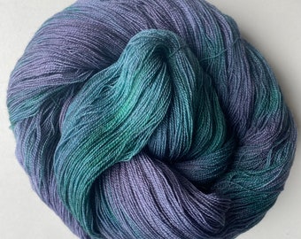 Cobweb Lace weight hand dyed Yarn 100g Superwash Merino Wool, Silk "Black Pearl" green, purple, grey, black