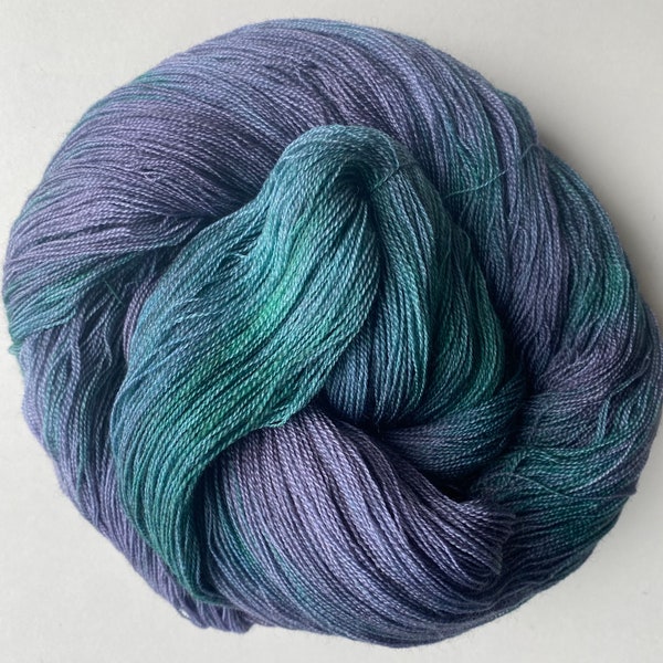 Cobweb Lace weight hand dyed Yarn 100g Superwash Merino Wool, Silk "Black Pearl" green, purple, grey, black