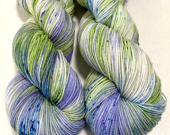 Hand Dyed Yarn 100g Superwash Merino Wool, Nylon sock weight "Delphinium" speckled green, purple, white